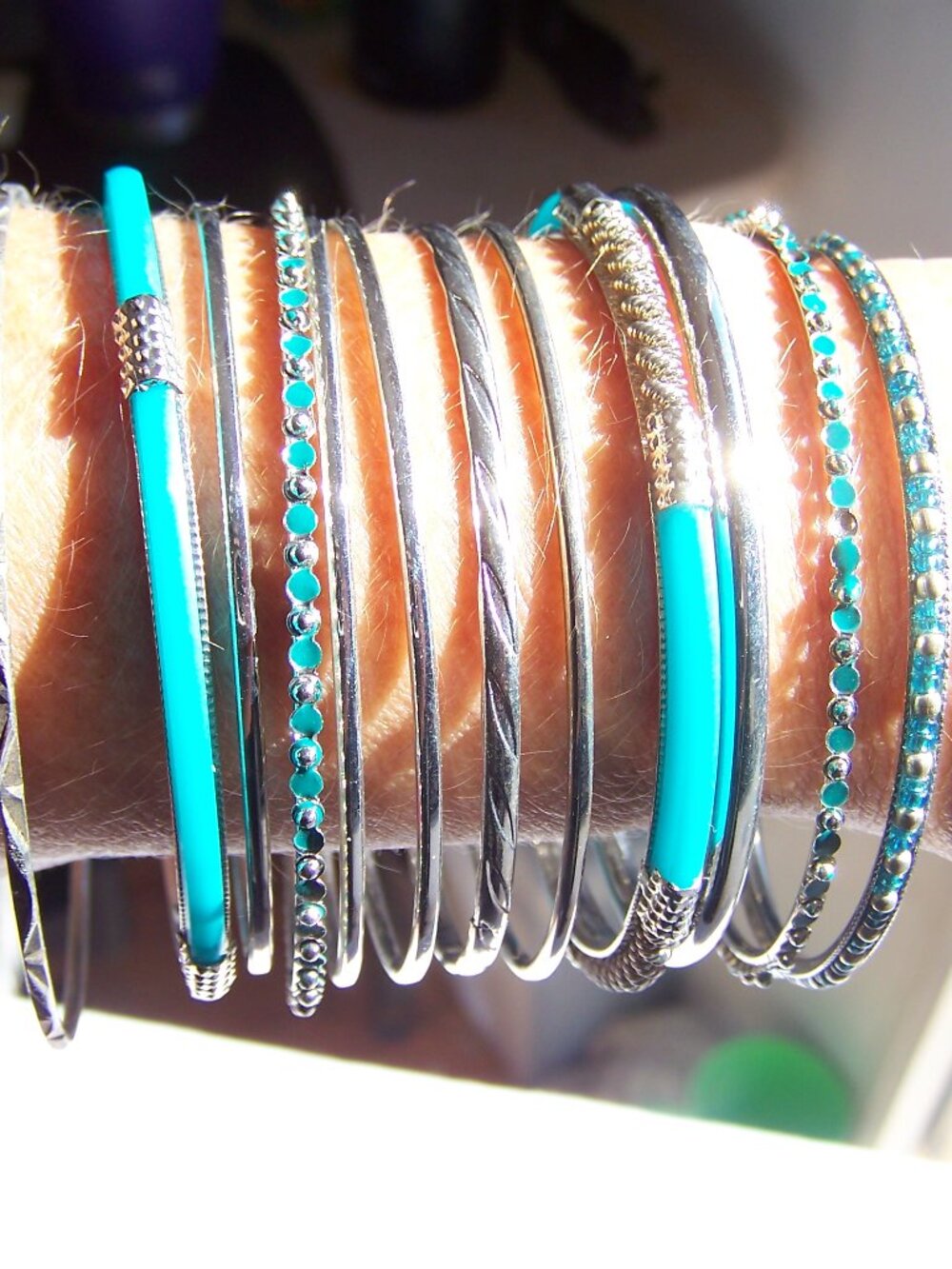 Set of 12 Teal & Silver Bangles - Picture 2 of 2